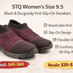 STQ Women’s Size 9.5 Black & Burgundy Knit Slip-On Sneakers  