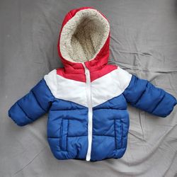 DKNY baby boys' hooded chevron colorblocked puffer jacket with a sherpa-lined - 18 months