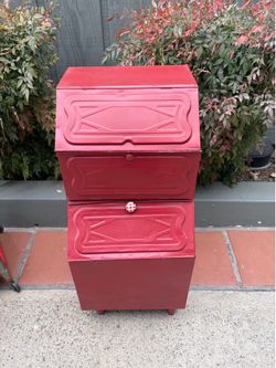Vintage Red Tin Metal Bread Potato Container Box Stand