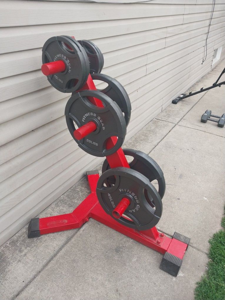 Olympic Weights/ 7ft Bar /4ft Tree Stand /clips