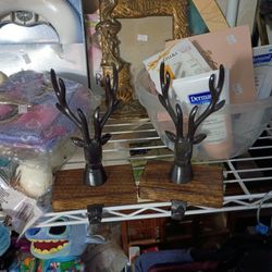 Holiday Time Christmas Stocking Holders Two Of Them Metal With Wood Reindeer