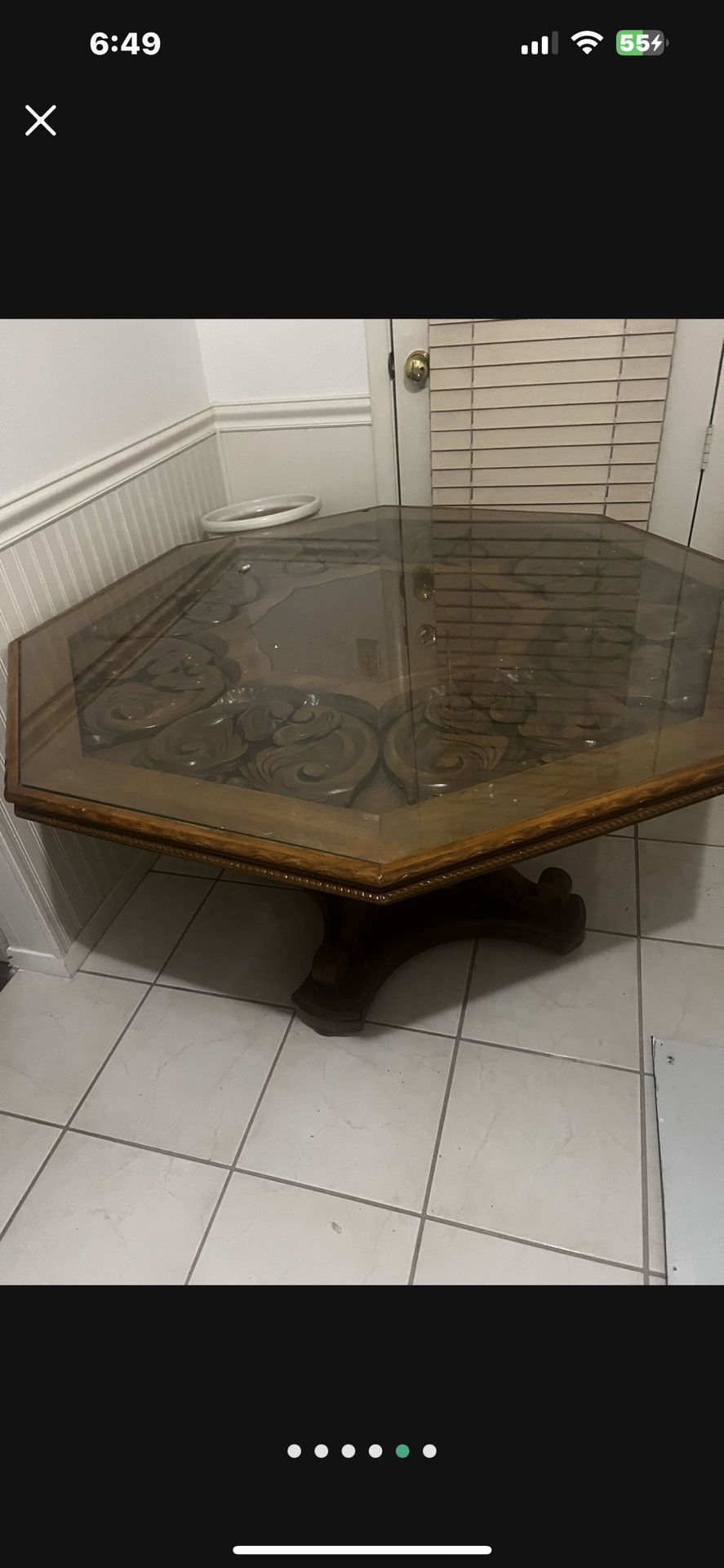 Carved Wood  Glass Covered Table 