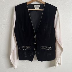 TRÈS PAQUETTE Vintage 90s Black White Velvet V Neck Pirate Button Up Blouse