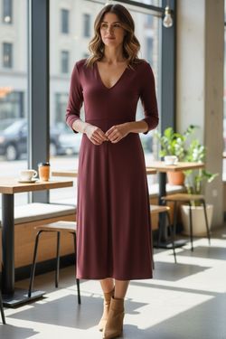 NWT Zara Women’s Deep V Neck Maxi Dress, Knit Stretch, Maroon Long Sleeves SMALL.