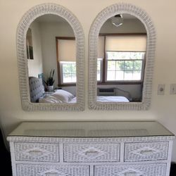 White Wicker Dresser with Matching Night Stand & 2 Mirrors
