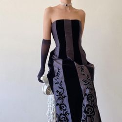 Stunning Lillie Ruben/Cache Vintage Black Velvet & Satin Beaded Gown, Vampy Glam