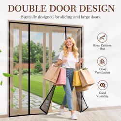 Magnetic Screen Door Fit Doors 74"x80", Screen Size 76"x81" Double-Sided Opening Reinforced Mesh with Strong Magnets for Sliding Door, Large F