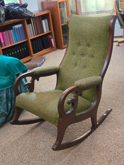 Antique wooden  rocking chair, Victorian style apolstered in Green Vintage