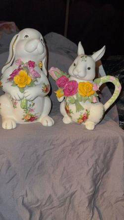Floral Bunny Figurine & Teapot Set