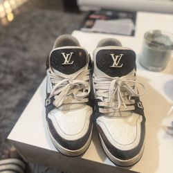 LOUIS VUITTON LV TRAINER “EMBOSSED MONOGRAM – WHITE BLACK DENIM” SNEAKERS – PRE-OWNED (SIZE 13) REAL!
