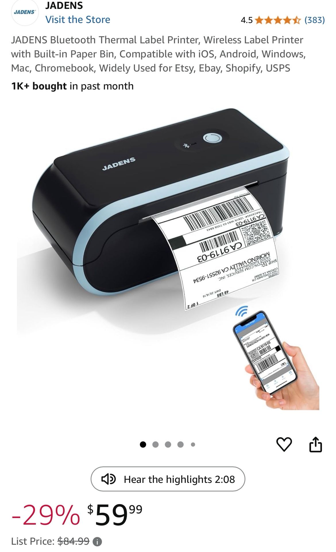 JADENS Bluetooth Thermal Label Printer