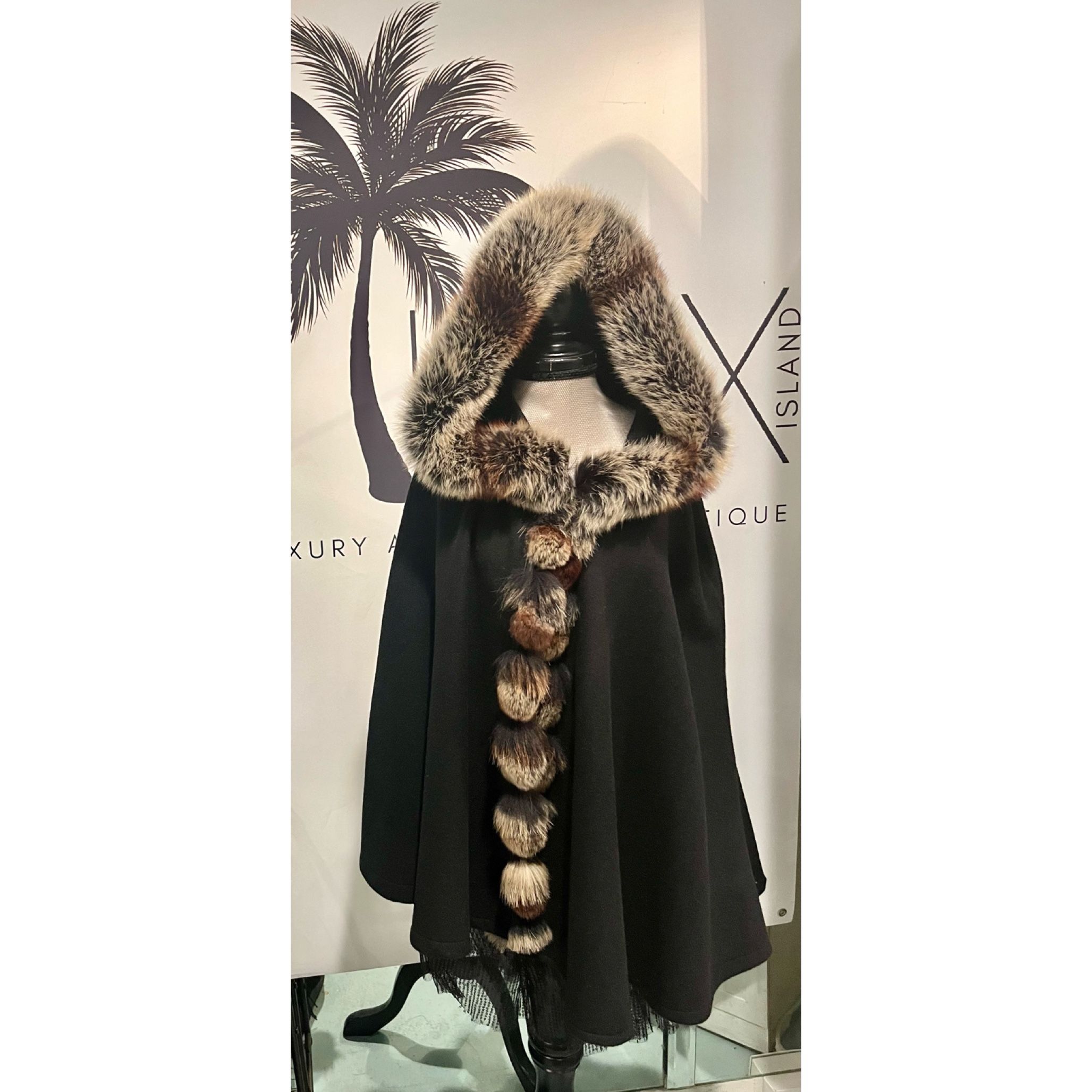 Dino Gaspari Black Cashmere Cape with Fur Trim 
