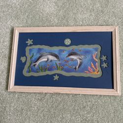 Framed Piece Of Wall Art Depicting, Two Dolphins, Swimming Among Small Fish And Coral
