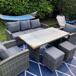 Patio Outdoor Wicker Dining Set - 3 Seat Couch,Dining Table,2 Chairs,2 Stools*LOCAL DELIVERY*