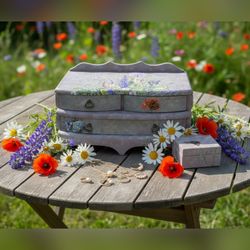 Faux Stone finish wildflower jewelry Box With Bonus trinket Box
