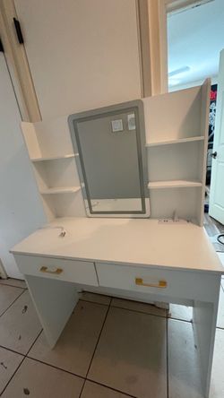 White Vanity Desk with LED Mirror