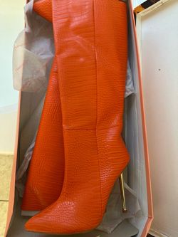 Orange Croc Embossed Thigh High Stiletto Boots