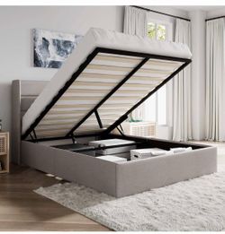 (F8AA-2)CERLIN Full Size Lift Up Storage Bed/Modern Wingback Headboard/Upholstered Platform Bed Frame/Hydraulic Storage/No Box Spring Needed/Wood