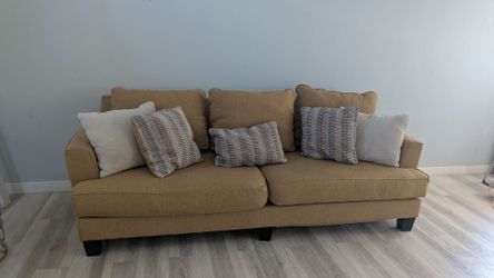 Tan Fabric 3-Seat Sofa with Throw Pillows