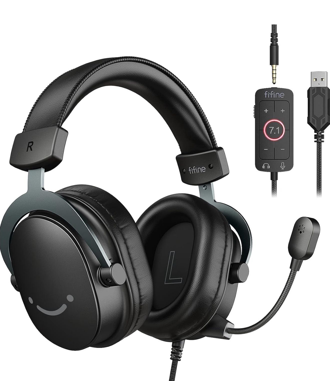 FIFINE PC Gaming Headset, USB Headphones with 7.1 Surround Sound, Detachable Microphone, Control Box, 3.5mm Headphone Jack, Over-Ear Wired Headphones