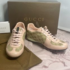 GUCCI Classic Monogram Nappa Moorea 182303 Canvas Leather Sand/Rose Trainers Sneakers, Box , Dust Bags, 7.5 Women