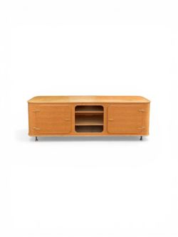 NY: Mid-Century Modern Oak Media Console with Rounded Corners