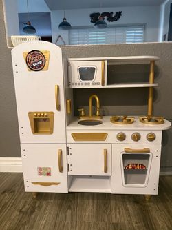 Kids Wooden Play Kitchen Set White and Gold