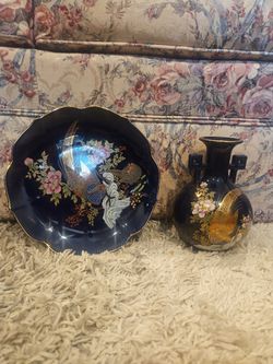 Cobalt Blue Porcelain Vase and Bowl Set