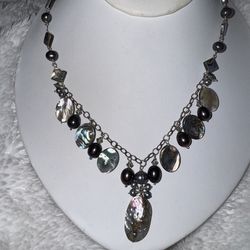 Vintage Sterling, Abalone Shell & Black Peacock Pearl Necklace, 20"