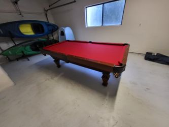 Pool Table with Red Felt + Cues, Balls & Wall Rack