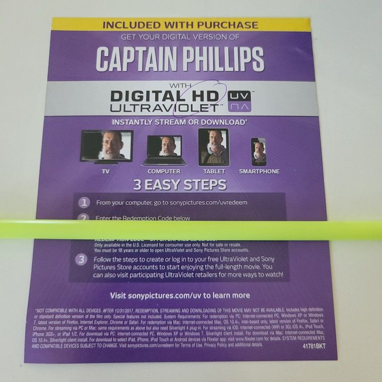 $4 DIGITAL HD MOVIE. CAPTAIN PHILLIPS. $4 OR TRADE FOR A MOVIE TITLE I DO NOT ALREADY OWN.