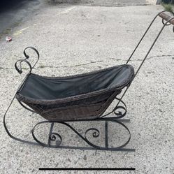 Antique Childs Sleigh Stroller 37” Wood/Metal Decor Doll Cart