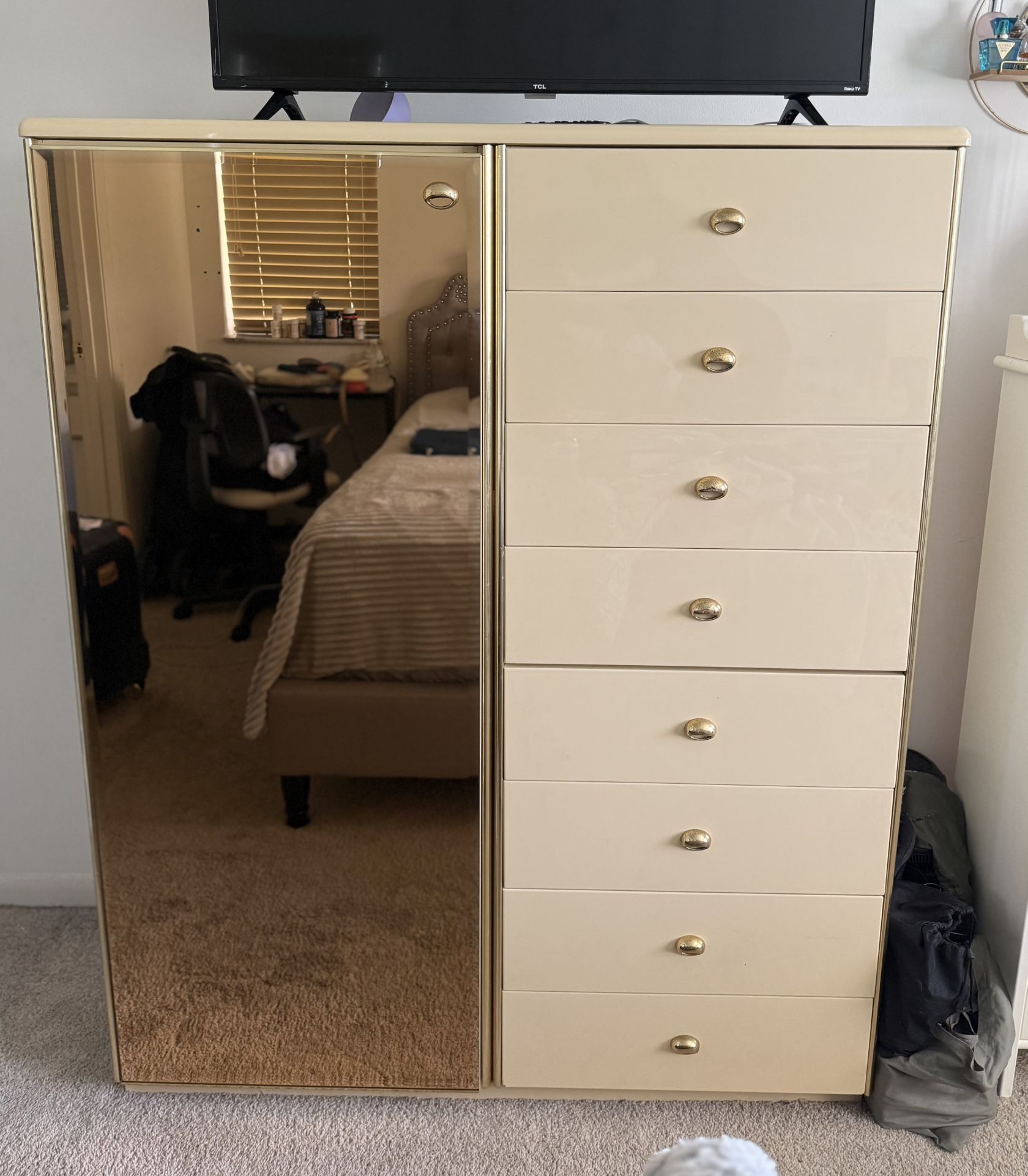 NEED GONE ASAP Tall Vintage Cream Lacquered 8 Drawer Dresser with Brass Accents