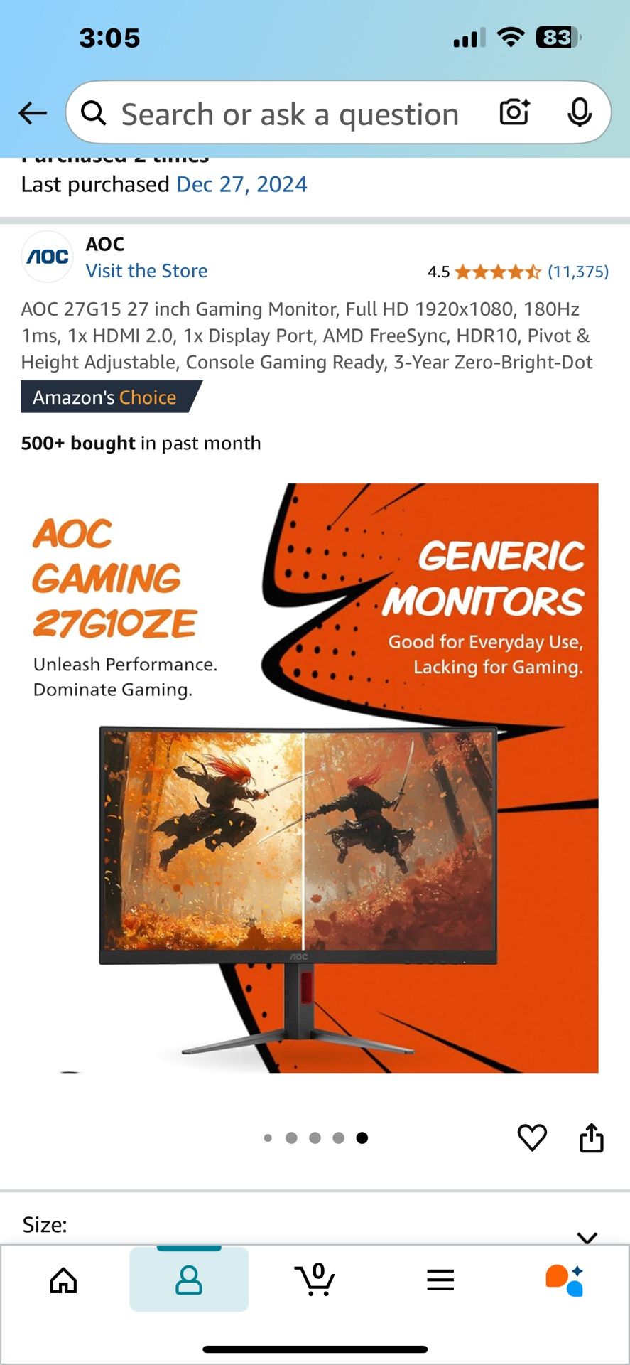 AOC 27G15 27 inch Gaming Monitor, Full HD 1920x1080, 180Hz 1ms, 1x HDMI 2.0, 1x Display Port, AMD FreeSync, HDR10, Pivot & Height Adjustable, Console