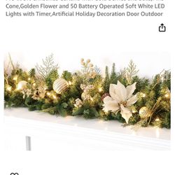 9Ft Christmas Garland Prelit with Gold Berries and Balls,Flower and 50 Lights Plug in,Holiday Decoration Fireplace Stairs Mantle Door Indoor Outdoor