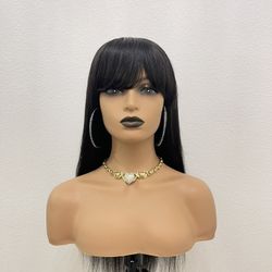 20” Full Lace Virgin Human Hair Straight Wig With Bangs, 180% Density