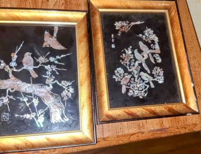 Vintage Asian Black Plaque Inlaid In Mother Of Pearl