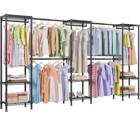 Large Clothing Rack, Heavy Duty Closet Rack, Black Garment Rack, Freestanding Wardrobe Closet Organizer and Storage, Expandable Hanger Rods, Portable