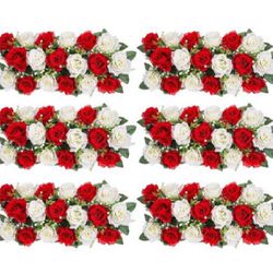 BLOSMON Wedding Dining Table Flower Centerpiece Floral Wedding Centerpieces for Tables Runner 6 Pcs White&Red Artificial Rose Flowers Arrangements for