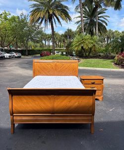 Bed Frame Queen Size Real Wood, Box Spring, Mattress and Nightstand Like New