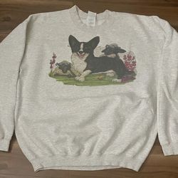 Vintage 93 Welsh Corgi alongside 2 Sheep Sunglasses Sweatshirt Large Boxy