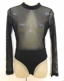 BLACK FISH NET LACE LONG SLEEVE BODY SUIT OPEN BACK WINDSOR SIZE SMALL S WOMENS