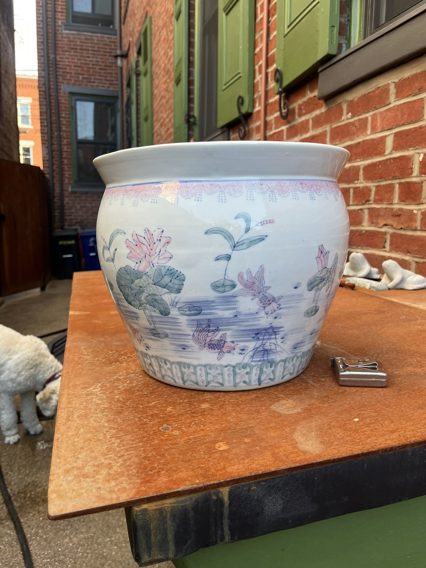 Vintage Oriental Koi Fish Bowl Planter Pot Floral Bird Lilly Pad