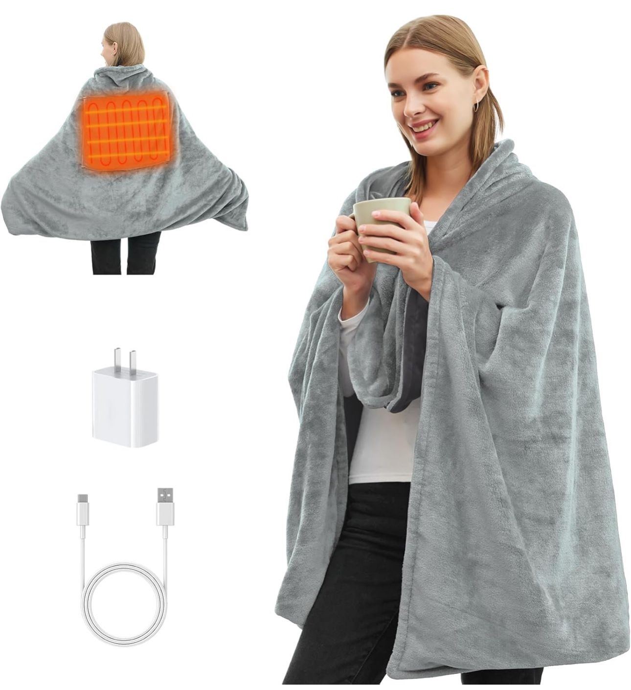 Cordless Heated Throw Blanket 3 Heating Levels for Outdoor, Stadium, Car, Travel, Camping, Sports, 58"x 38"