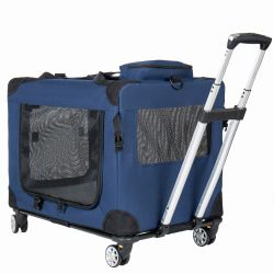 2 in 1, 28'' Collapsible Travel Dog Crate for Medium Large Dogs, Rolling Pet Carrier with Wheels, 3-Door Portable Folding Pet Kennel with Mesh Windows