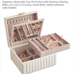 2-Tier Jewelry Box with Mirror, Jewelry Organizer, Removable Tray, PU Surface with Stitching, Floating Effect, 8.5 x 9.4 x 5.3 Inches, Cloud White, AN