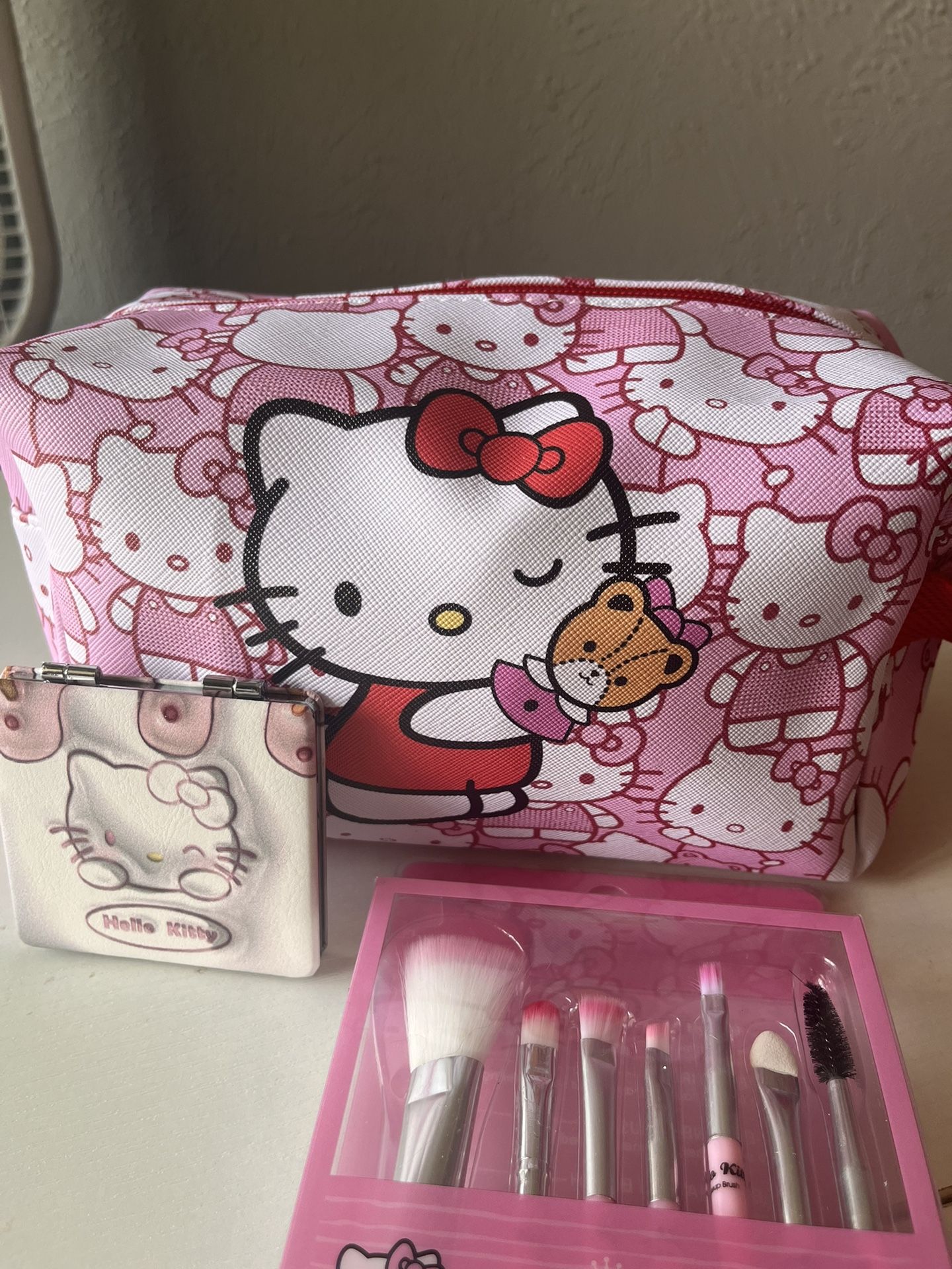 Hello Kitty Makeup Bag, Makeup Brushes, and Hand Mirror