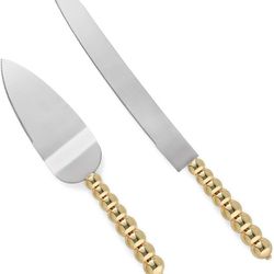 Homi Styles Cake Knife and Server Set | Elegant Gold Color With Beaded Handles