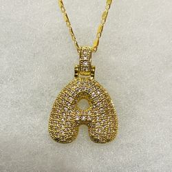 New Gold Tone Bubble Letter A With Tiny Gems Pendant On A Gold Tone Chain