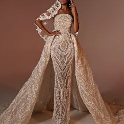 Champagne Beaded Lace Wedding Gown w/ Veil & Overskirt